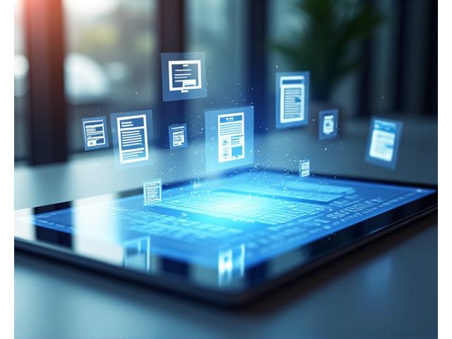 Digital documents on a tablet with contract and invoice icons